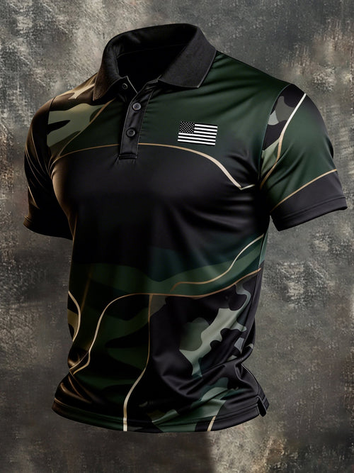 Men's Retro Patriot Color Block Polo Collar Short Sleeve