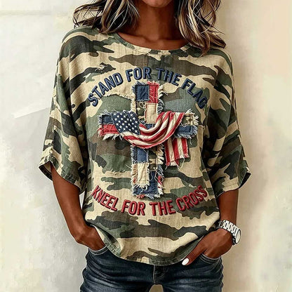 Women'S Flag Printed Casual Round Neck T-Shirt