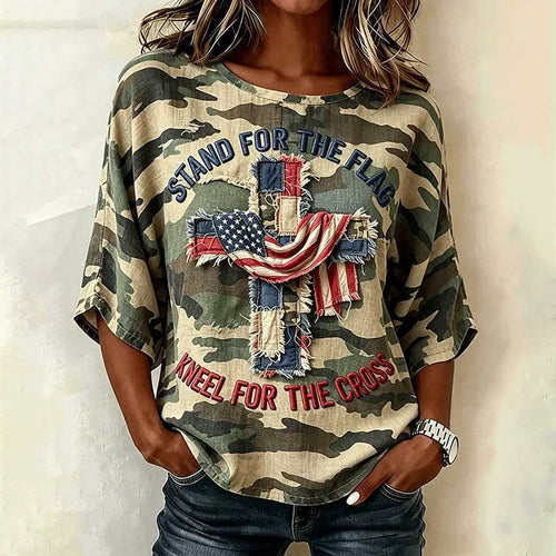 Women'S Flag Printed Casual Round Neck T-Shirt