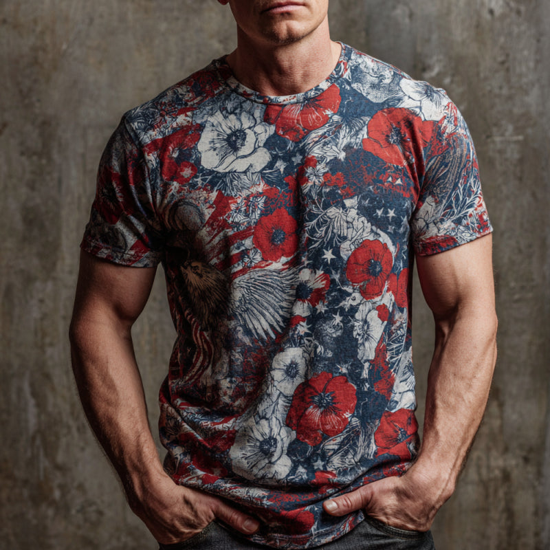 US Retro Veteran Flag Poppy Print Short Sleeve T-shirt