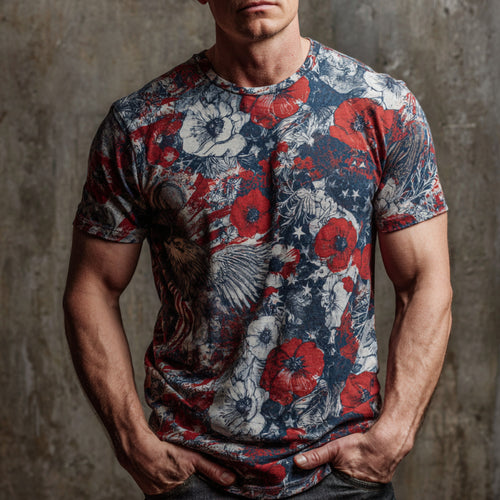 US Retro Veteran Flag Poppy Print Short Sleeve T-shirt