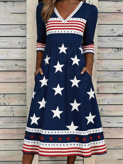🔥Buy 3 Get 10% Off🔥Women's Retro American Independence Day Printed V-neck Dress