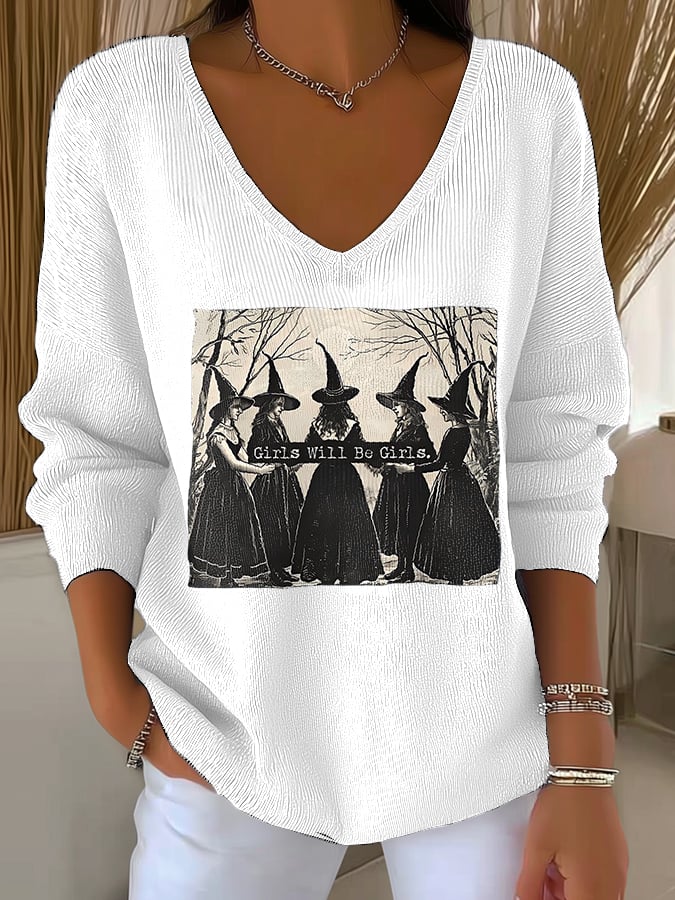 🔥Buy 2 Get 10% Off🔥Women's Vintage Girls Will Be Girls Witch Print V Neck Sweater