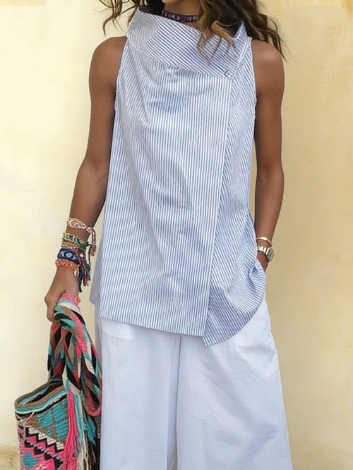 Women's Casual Stripe Sleeveless High-neck Cotton Top