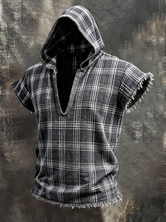 Men'S Retro Plaid, Color-Block, Frayed-Hem, Cotton-Linen, Hooded Short-Sleeve T-Shirt