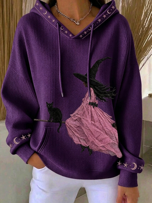 Women'S Pink Witch-Themed Print Hooded Sweatshirt