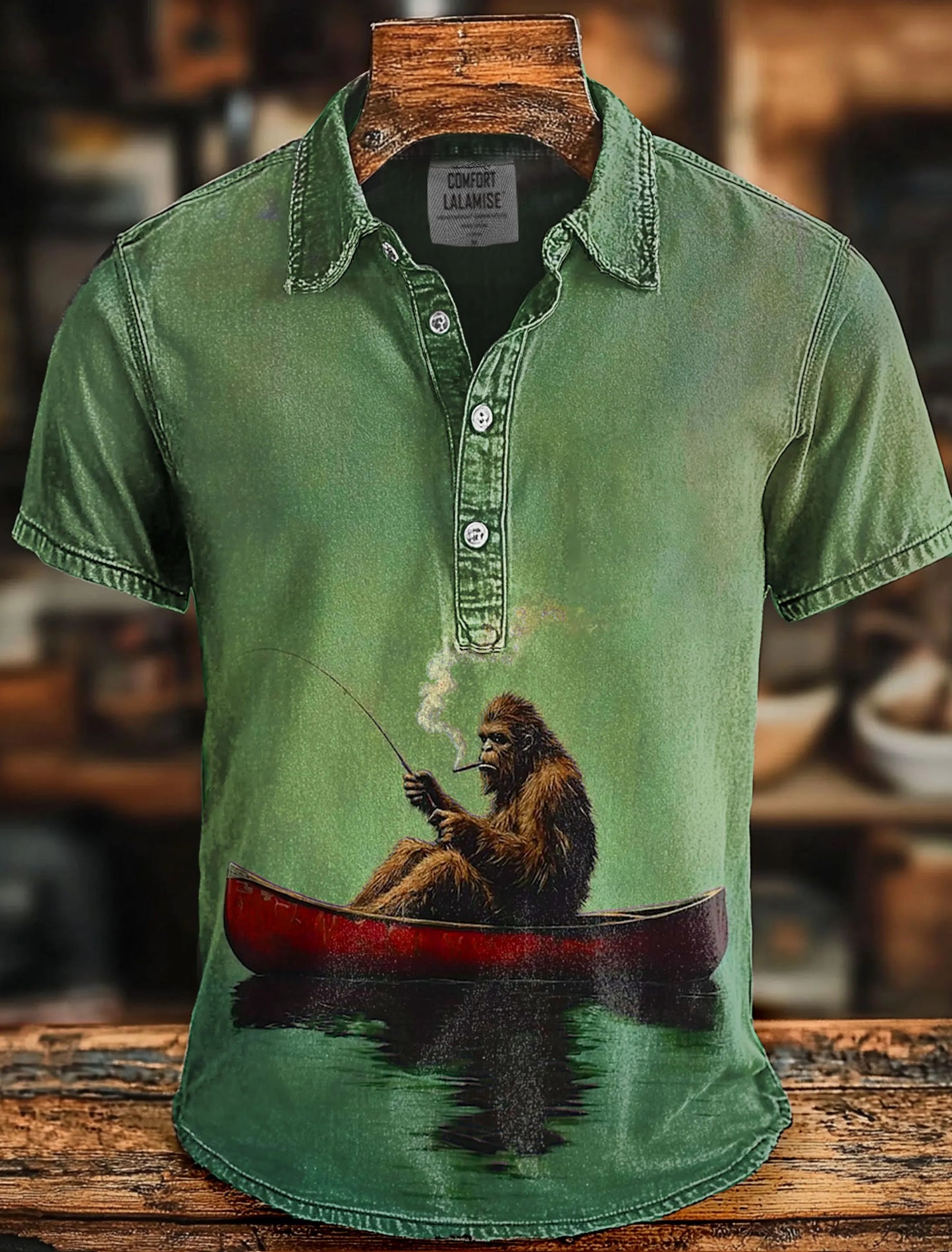 Bigfoot on a Red Canoe Fishing Retro Art Print Casual Short Sleeve T-shirt