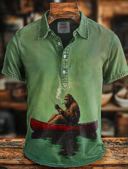 Bigfoot on a Red Canoe Fishing Retro Art Print Casual Short Sleeve T-shirt