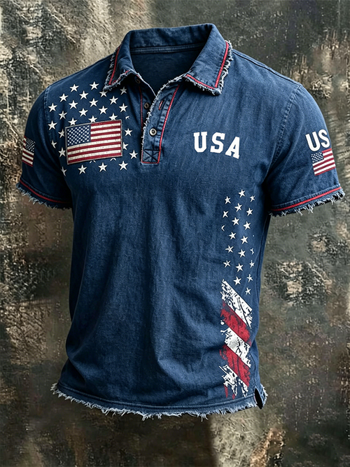 Men'S Casual American Flag Print Lapel Polo Shirt