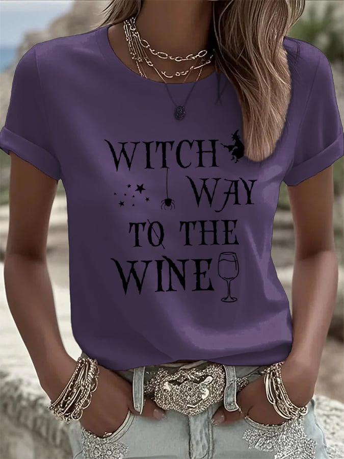 🔥HOT SALE🔥Women's Witch Way To The Wine Print Casual T-shirt