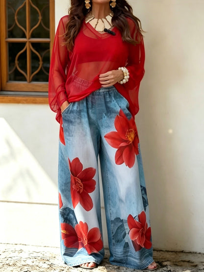 Women’s Stylish Flower Casual Wide Denim Pants