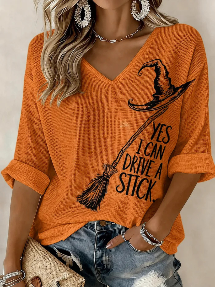 Women'S Halloween Printed V-Neck 3/4 Sleeve Top