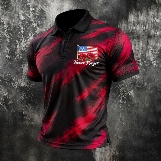 Men's Poppy American Flag Print Polo Shirt