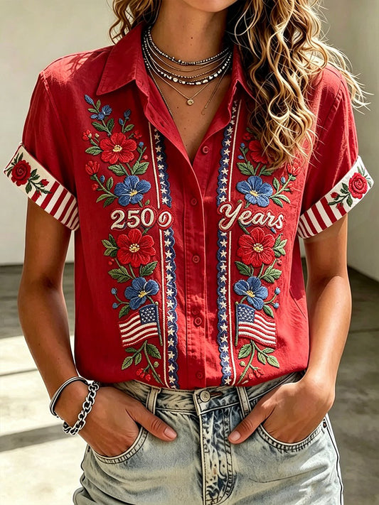 Women's Vintage American Flag & Floral Art Print Short-Sleeve Shirt