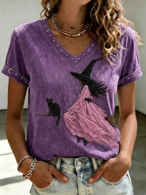 Women's Pink Witch-Themed Print V-Neck T-Shirt