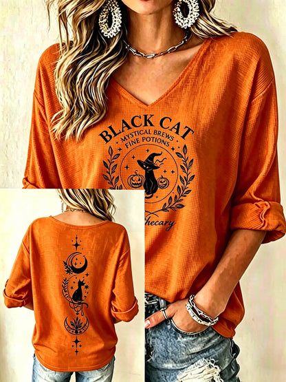 Women's Halloween Black Cat  Print short-sleeved T-shirt