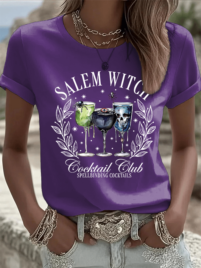🔥HOT SALE🔥Women's Halloween Salem Witch Cocktail Club Spellbinding Cocktails Print Crew Neck T-Shirt