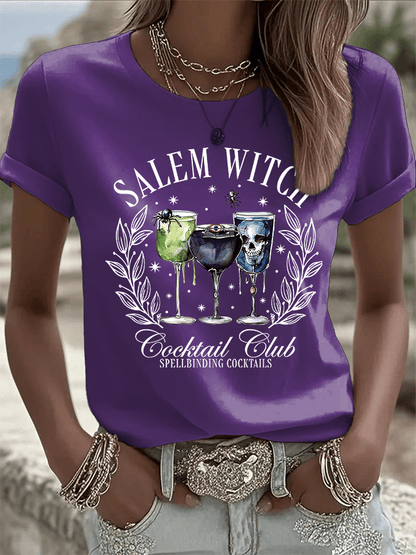 🔥HOT SALE🔥Women's Halloween Salem Witch Cocktail Club Spellbinding Cocktails Print Crew Neck T-Shirt
