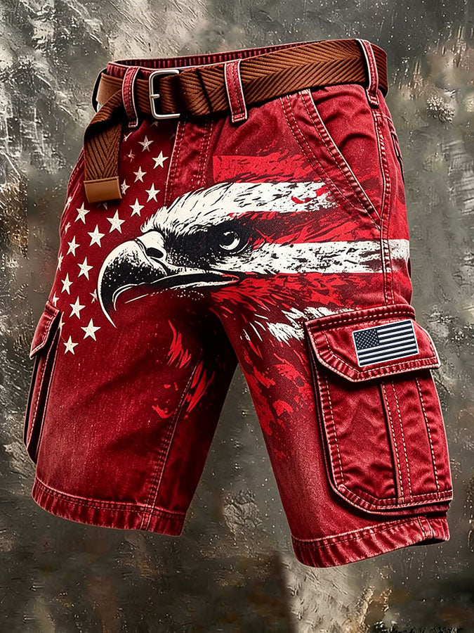 Men's Independence Day USA Flag Print Denim-Like Cargo Shorts