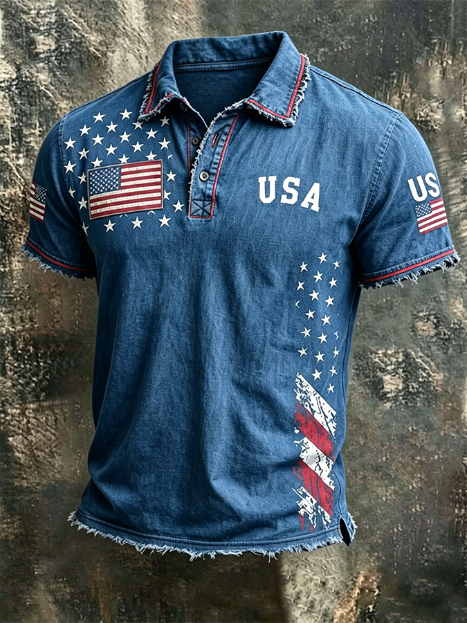 Men'S Casual American Flag Print Lapel Polo Shirt