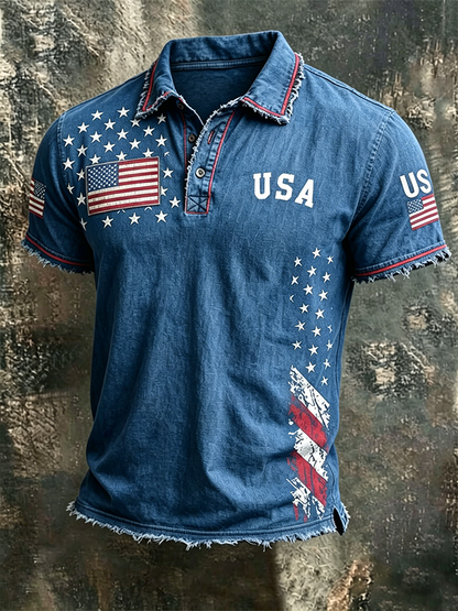 Men'S Casual American Flag Print Lapel Polo Shirt