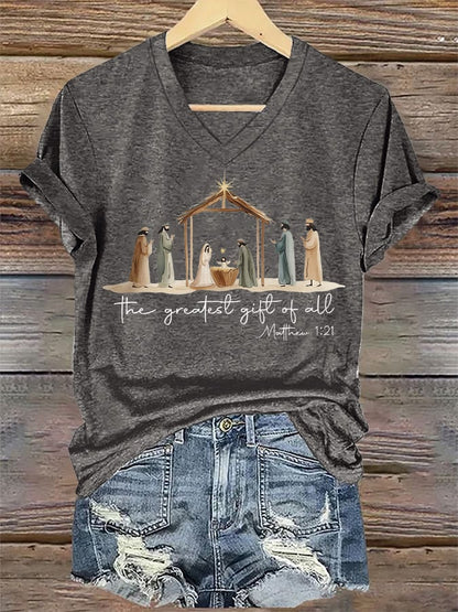V-Neck Retro Christmas The Greatest Gift Of All Is Jesus Matthew 1:21 Print T-Shirt