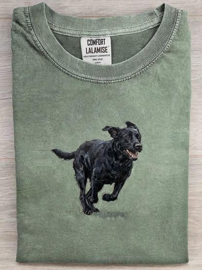 Funny Cute Running Black Labrador Art Print Casual Cotton Short Sleeve T-shirt