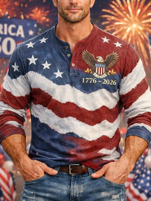 Men's American 250th Anniversary Commemorative Print Henley Shirt