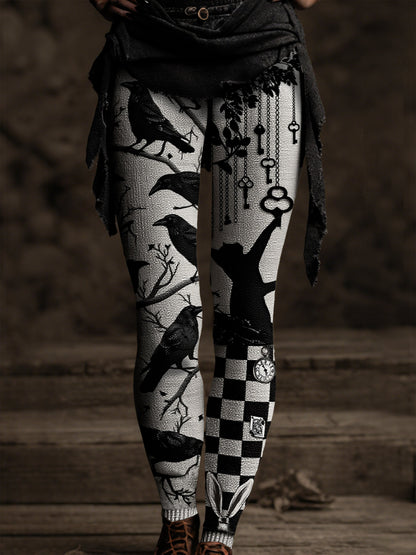 Women's Vintage Medieval Crow Black Cat Key Print Pants
