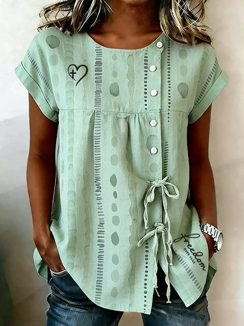 Women's round neck red Friday print linen top