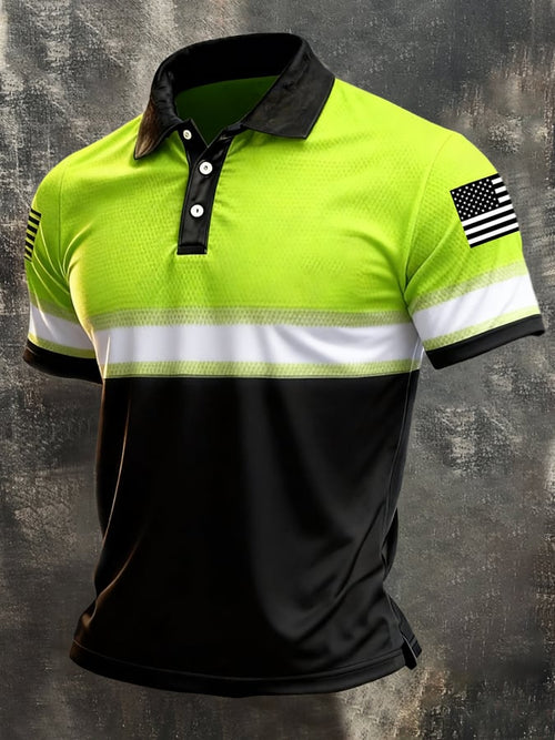 Men's Retro Patriotic Color-Block Short-Sleeve Polo Shirt