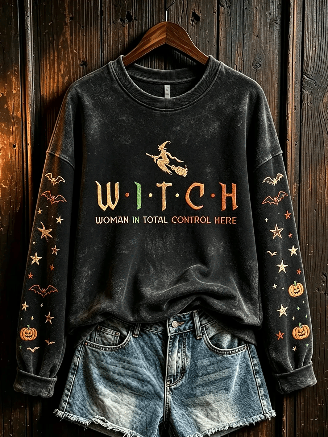 Women's Halloween Print Fleece-Lined Crewneck Sweatshirt