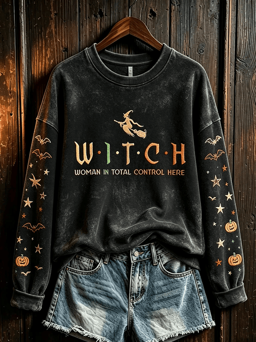 Women's Halloween Print Fleece-Lined Crewneck Sweatshirt