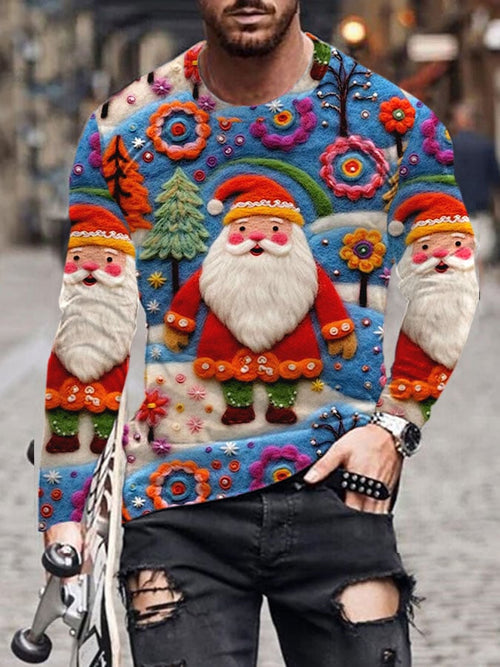 Men's Vintage Santa Claus Print Christmas Casual Long Sleeve T-Shirt