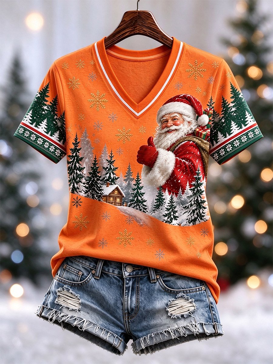 Women's Casual Christmas V-Neck Short-Sleeve T-Shirt