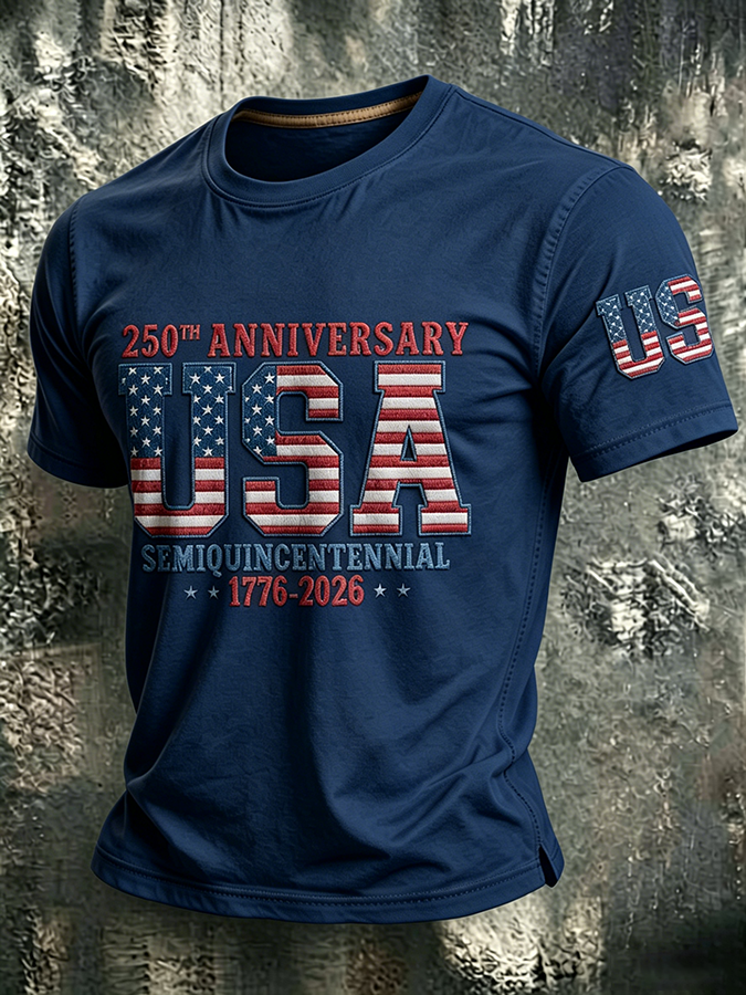 Men'S Casual American 250Th Anniversary Embroidered Print Round Neck T-Shirt
