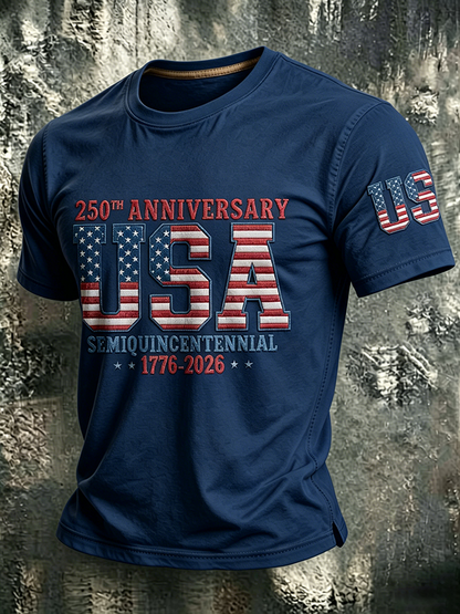 Men'S Casual American 250Th Anniversary Embroidered Print Round Neck T-Shirt