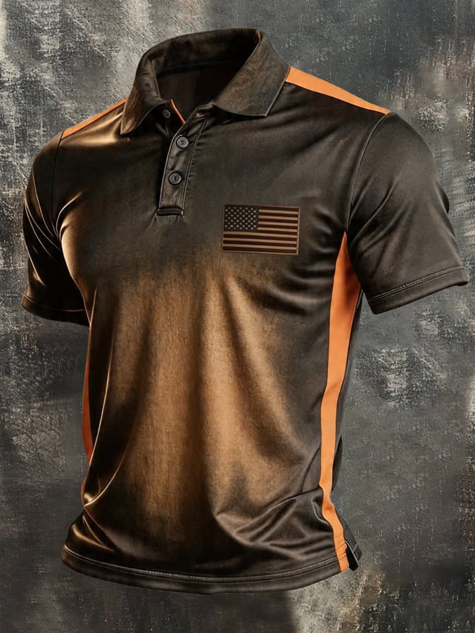 Men's Retro Patriotic Color-Block Short-Sleeve Polo Shirt
