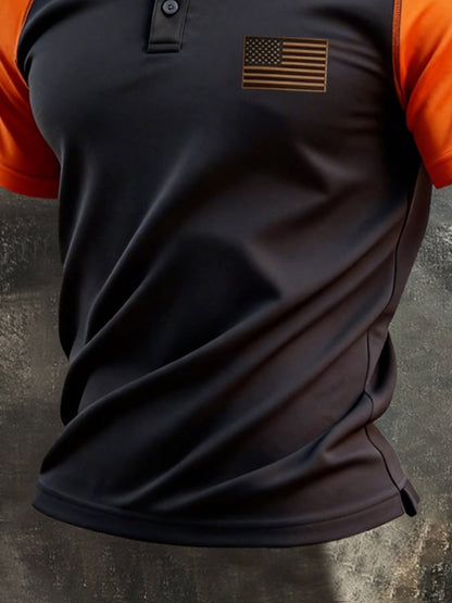 Men's Retro Patriotic Color-Block Short-Sleeve Polo Shirt