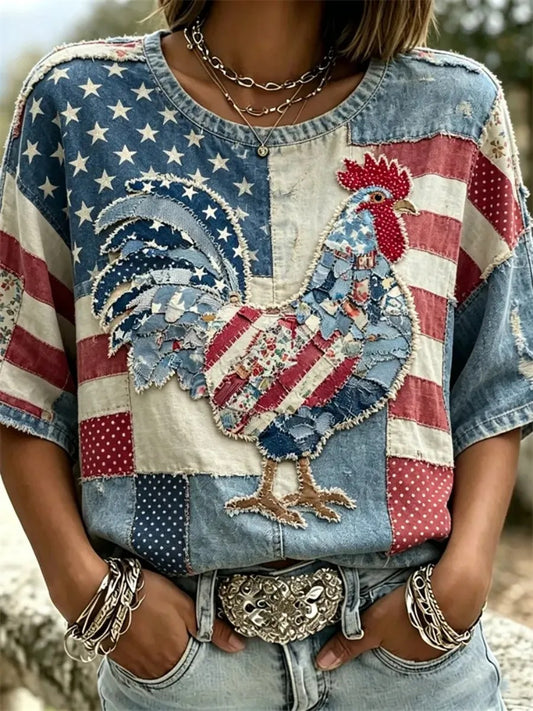 Vintage Rooster American Flag Patchwork Linen Tunic