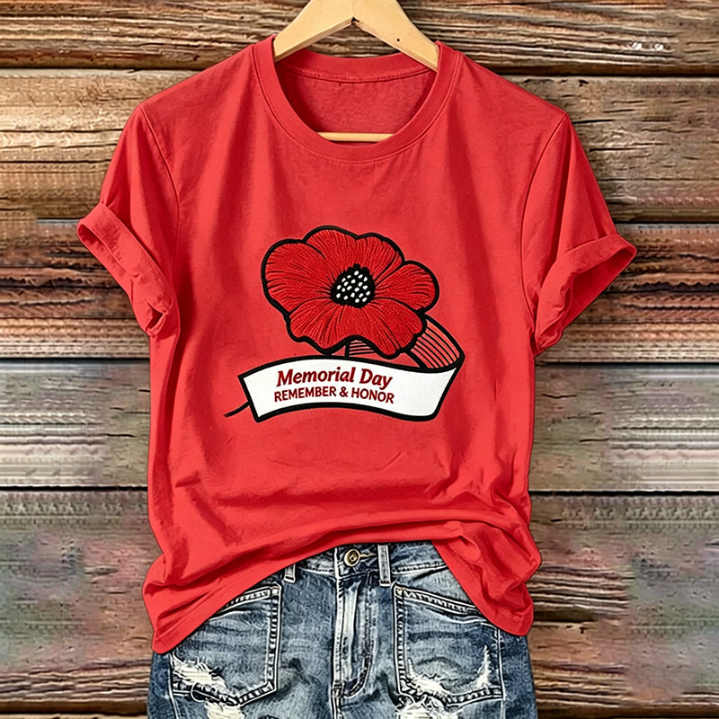 Women's Memorial Day "REMEMBER & HONOR" Poppy Art Printed T-Shirt