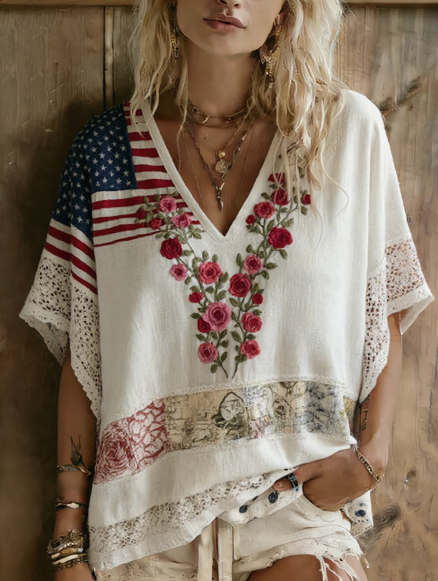Women's Western Linen-Cotton Blend USA 250th Anniversary Graphic Short Sleeve Tee