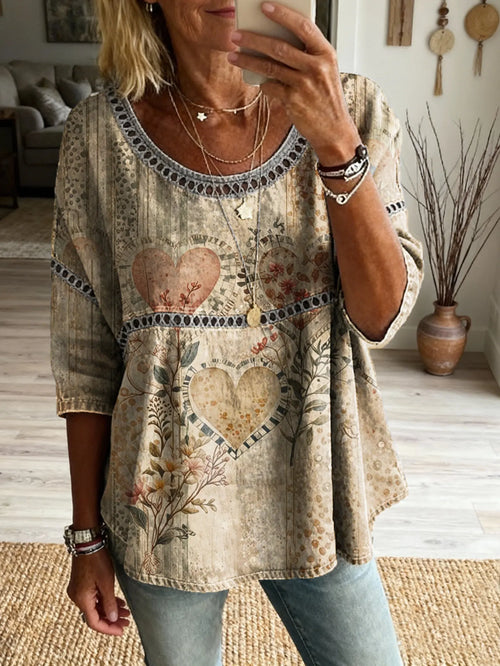 Women's Bohemian Floral Heart Art Print Casual Round Neck Hollow Out Top