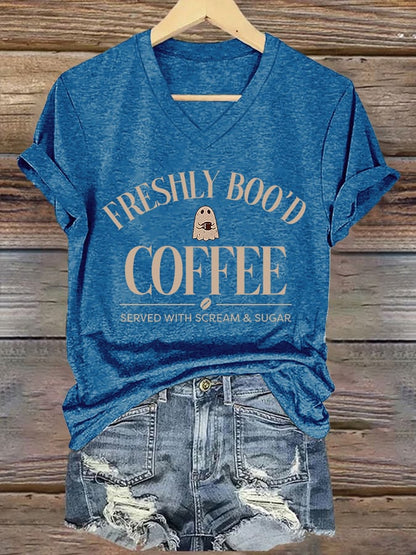 🔥HOT SALE🔥V-Neck Retro Halloween Ghost Freshly Boo'd Coffee Served With Scream & Sugar Print T-Shirt