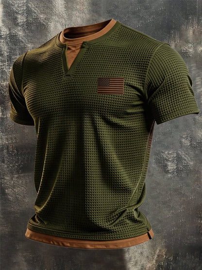 Men's Retro Knitted Waffle-Knit Double-Layer Contrast T-Shirt
