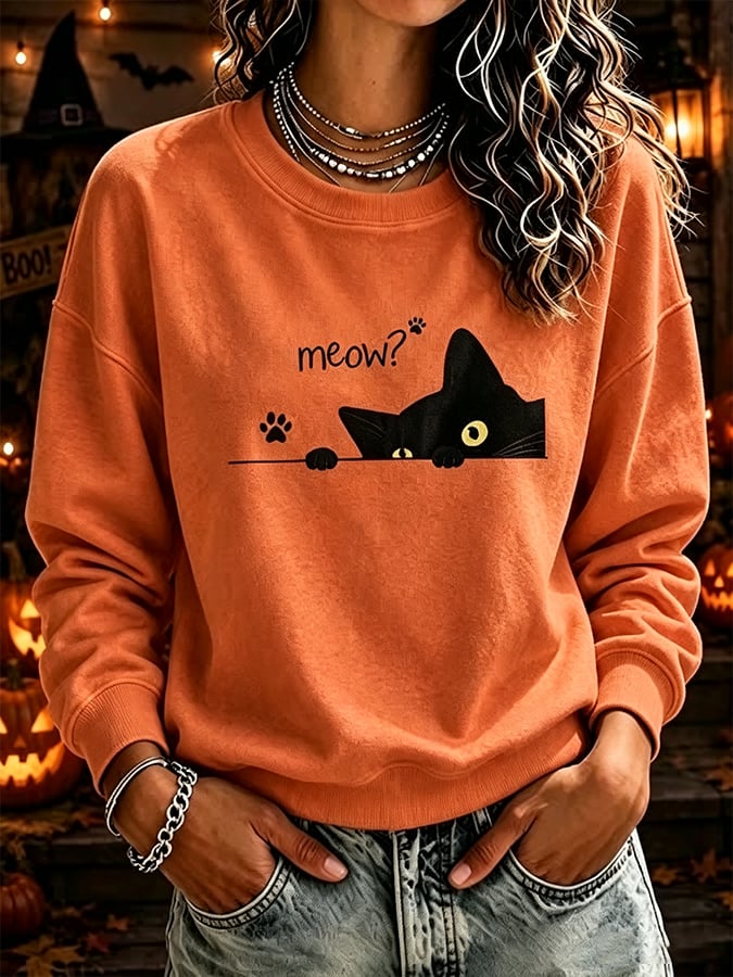 Women's Casual Long-Sleeve Sweatshirt with Black Cat Print