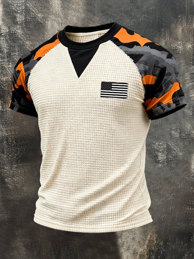 Men's Retro Camouflage Patchwork Waffle Knit Short-Sleeve T-Shirt