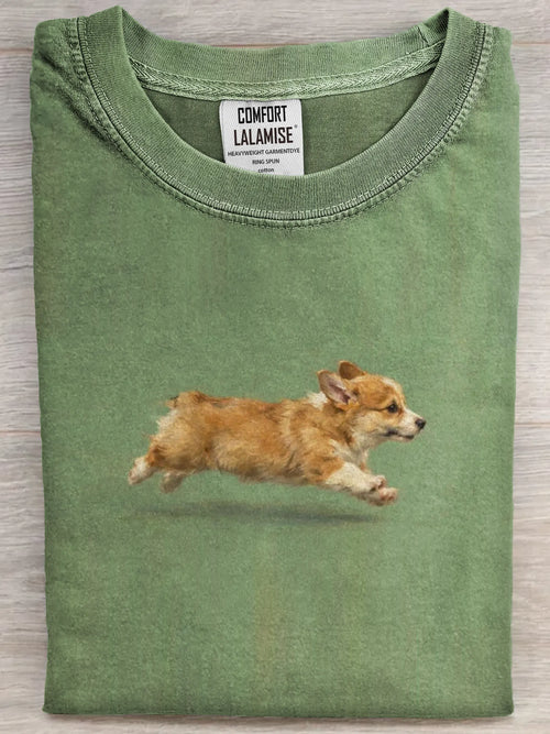 Funny Cute Running Corgi Puppy Art Print Casual Cotton Short Sleeve T-shirt
