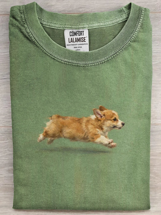 Funny Cute Running Corgi Puppy Art Print Casual Cotton Short Sleeve T-shirt