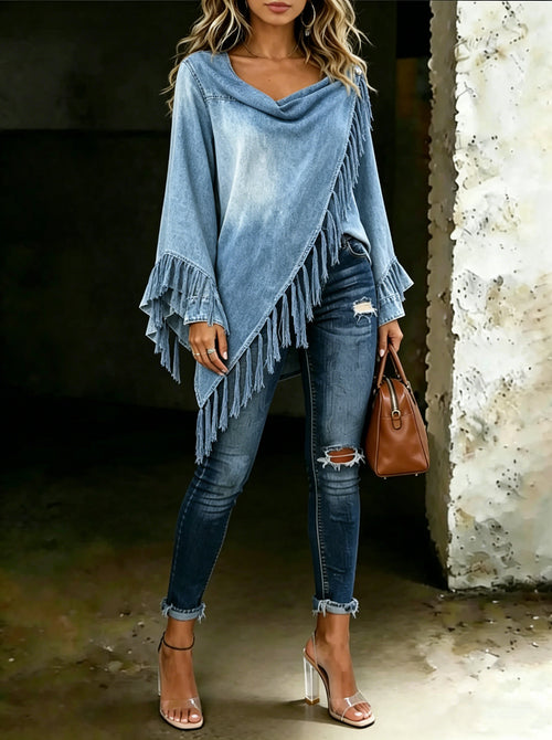 Women's Retro Denim Cape Top with Fringes and Asymmetrical Hem